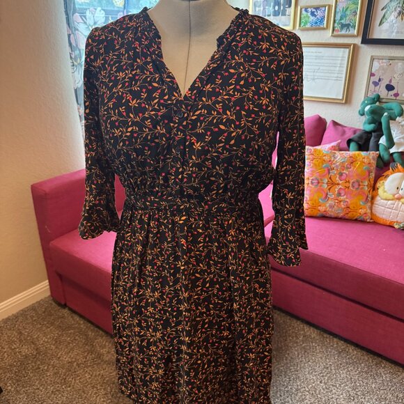 Old Navy Black Floral Midi Dress – Size M – Ruffle Neck & Sleeves - Picture 1 of 5